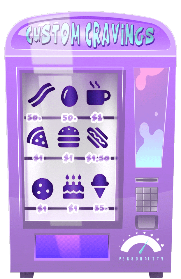 large purple custom craving vending machine with bubble light and personality meter - click for menu